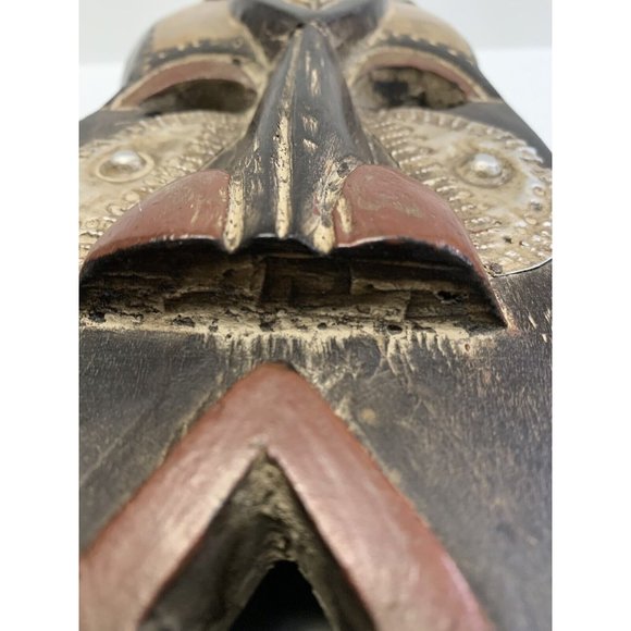 Carved Wooden Face Mask Metal Inlay Open Mouth Tribal Ethnic Cultural Decor READ - Picture 11 of 15